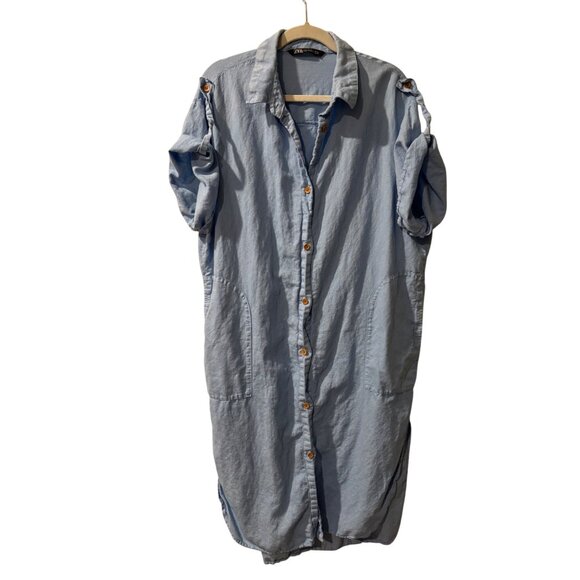 Zara Button-Up Light Blue Midi Shirt Dress With Rolled Sleeves Front Pockets - Picture 3 of 7